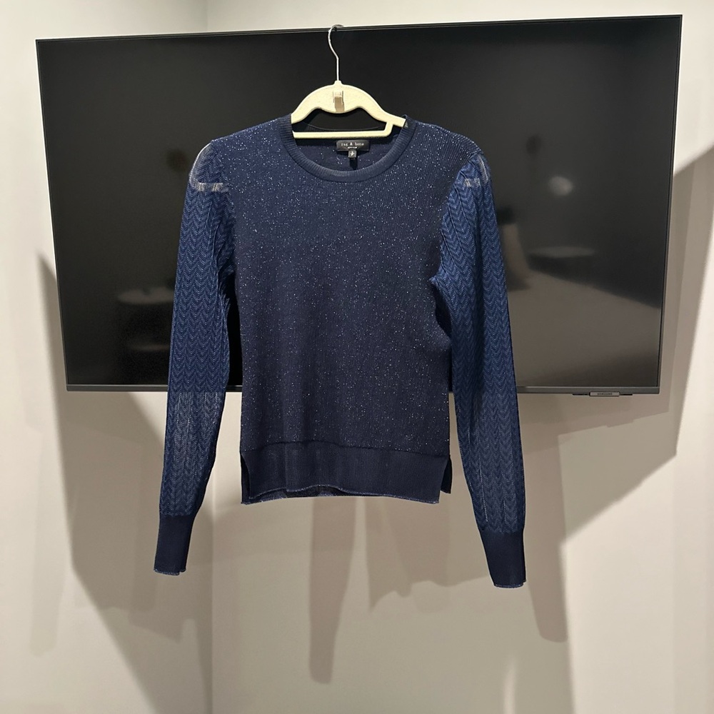 rag & bone Blue Crewneck Sweater with Ribbed Trim